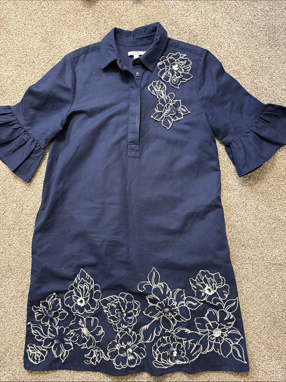 Chico's Navy Floral Embroidered Midi Dress